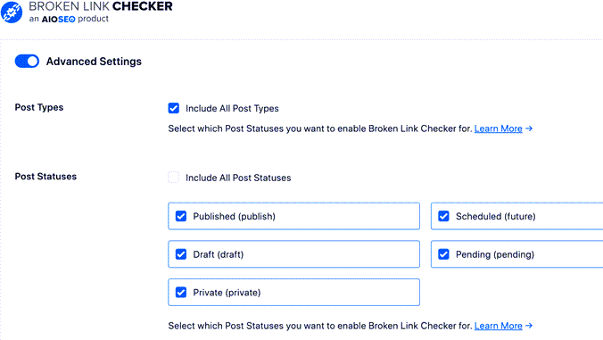 advanced settings of broken link checker