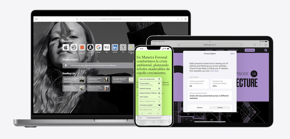 Three devices — MacBook, iPhone, and iPad — showing various instances of the Safari browser, including a start page for the MacBook, a green blog for the iPhone, and a browser privacy report for the iPad.