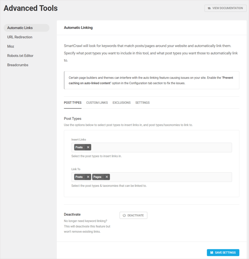 SmartCrawl's Automatic Linking Screen.