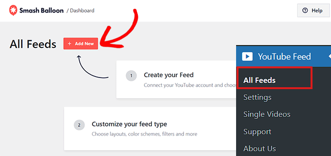 Click the Add New button to add the YouTube feed