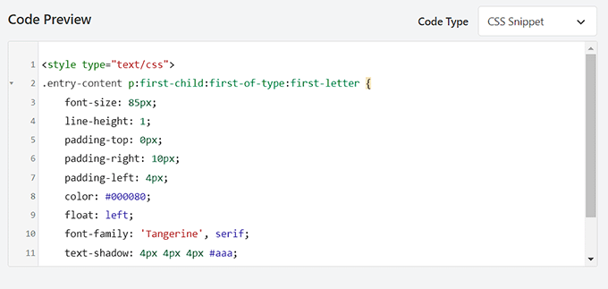 Code preview for drop caps code