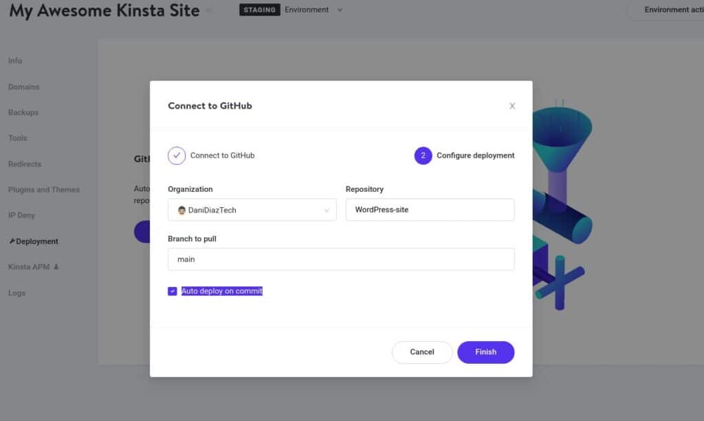 Configure deployment modal with the checked "Auto deploy" option.