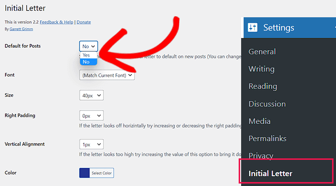 Configure settings for the Initial Letter plugin