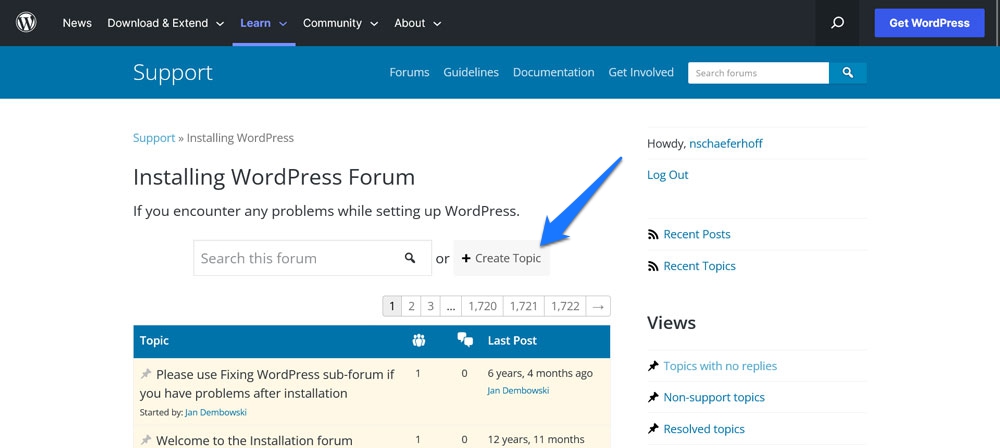 create new topic in wordpress support forum to find help