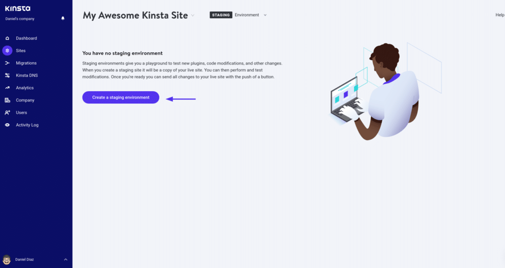 Create a staging environment page with the title "My awesome Kinsta site", instructions about this feature, and an arrow pointing to the "Create a staging environment" button.