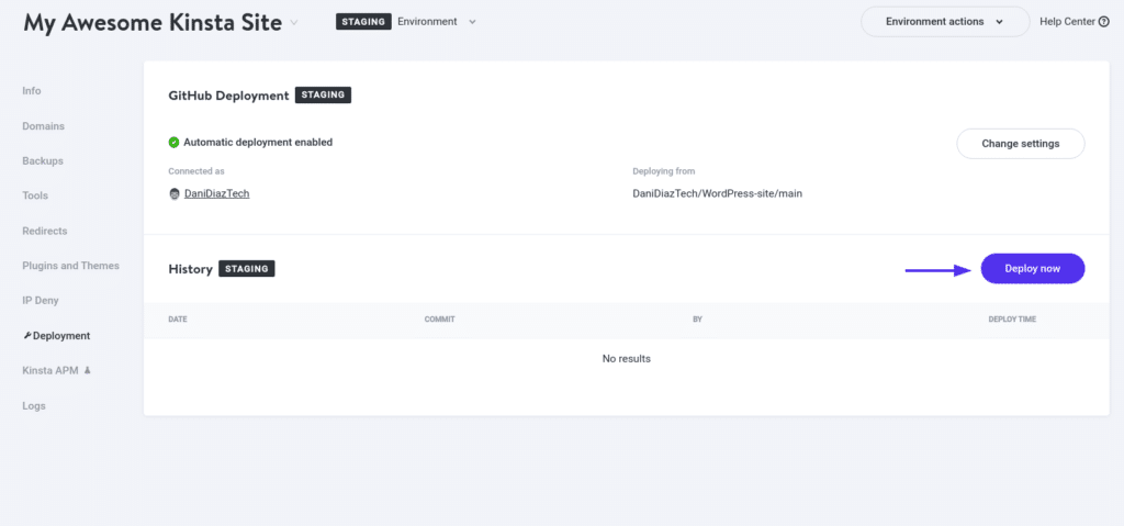  GitHub deployment page of the "My awesome Kinsta Site" showing the "Deploy now" button.