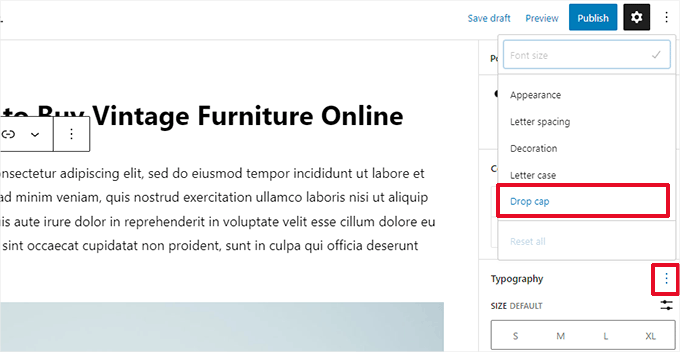 Enable drop cap under Typography
