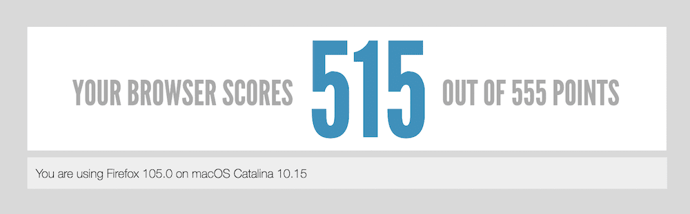 The HTML5test website, showing a results panel that reads, "your browser scores 515 out of 555 points." There is also an indication of the browser and operating system the sites used to conduct the test.