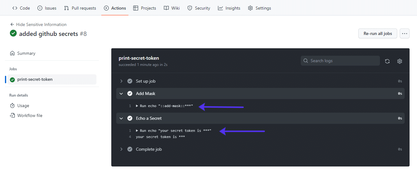 Masked GitHub Actions Secrets