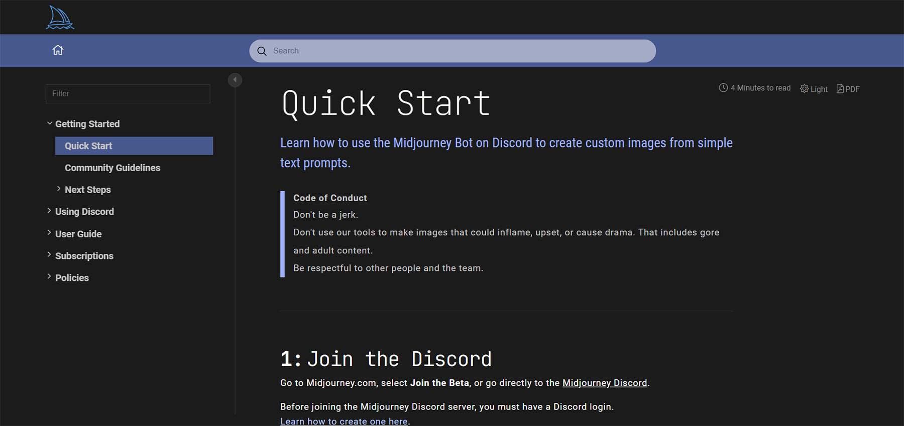 Read the MidJourney quick start guide