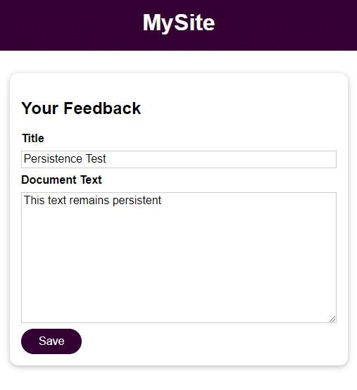 Screenshot: Entering text in the demo application's feedback form.