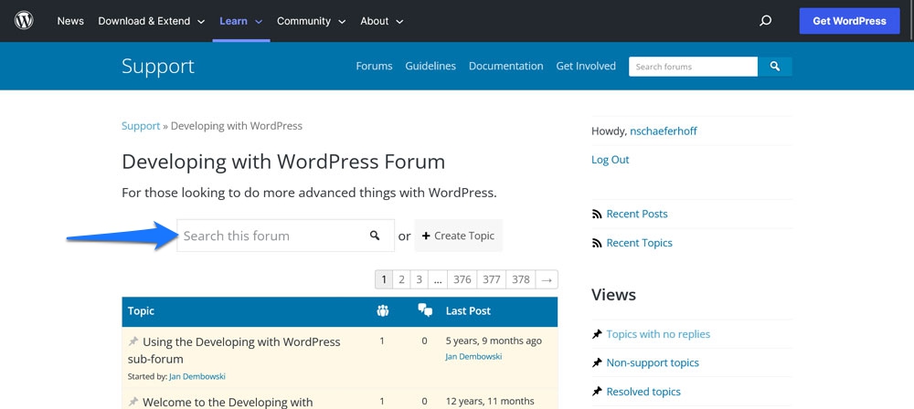 search wordpress support forums