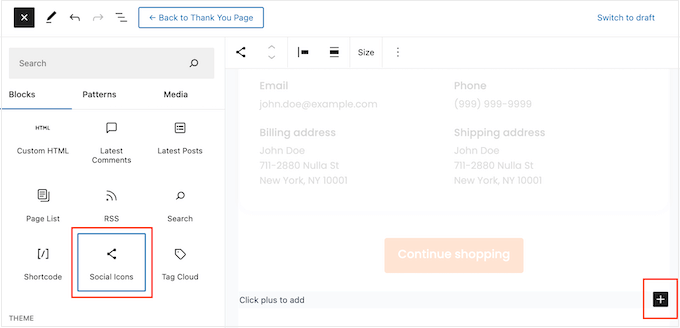 Adding a Social Icons block to a custom WooCommerce page