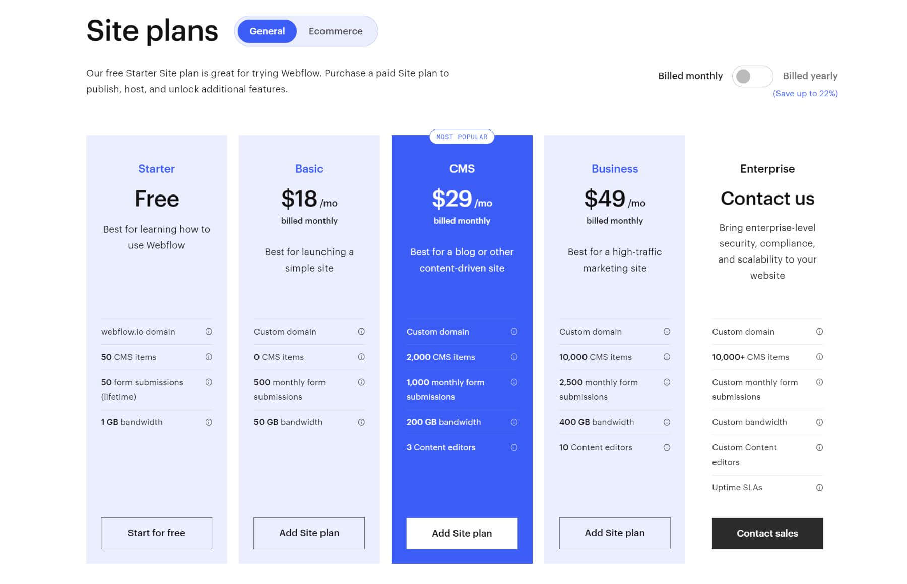 webflow pricing plans