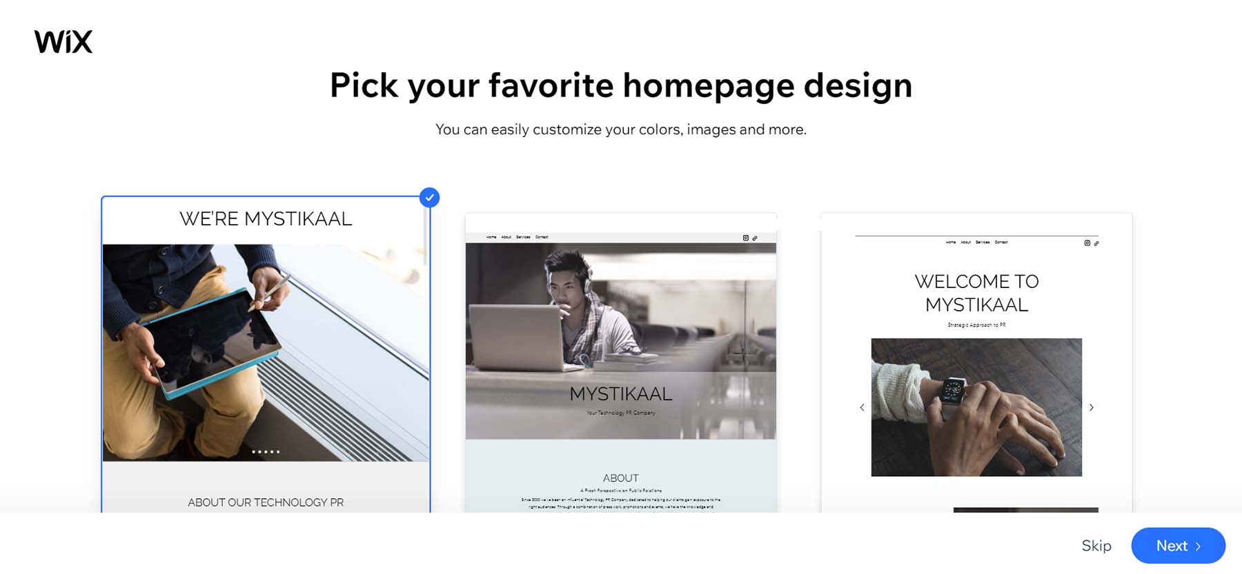 Wix AI generated homepage and website
