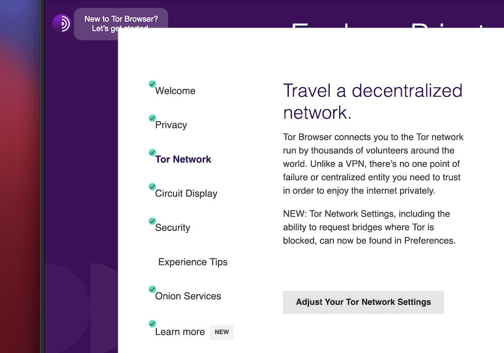 A partial Tor Browser window that shows the onboarding wizard. There are left-hand navigation links, and a central column with a heading that reads, "Travel a decentralized network." At the bottom is a gray button to, "Adjust Your tor Network Settings."
