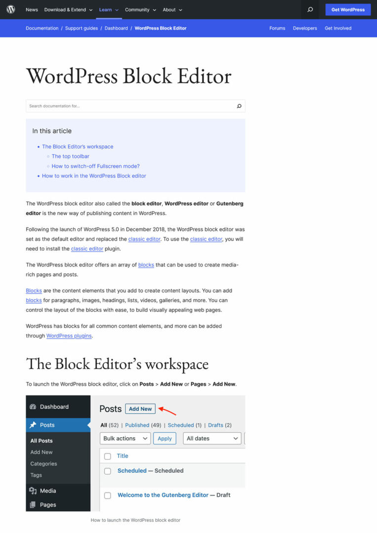 wordpress block editor support page