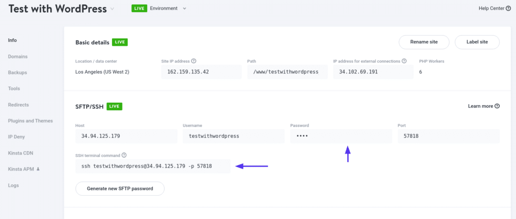 MyKinsta dashboard of the site "Test with WordPress" showing the password and SSH terminal command fields.