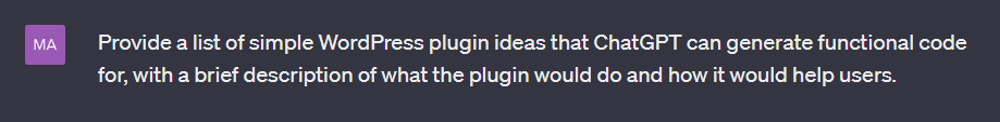ChatGPT prompt for generating WordPress plugin ideas.