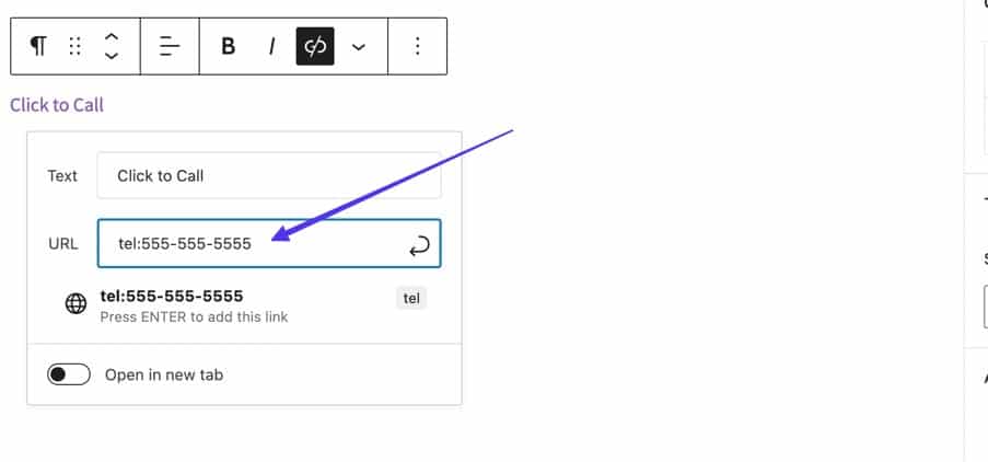 pasting a telephone number into the URL field in WordPress