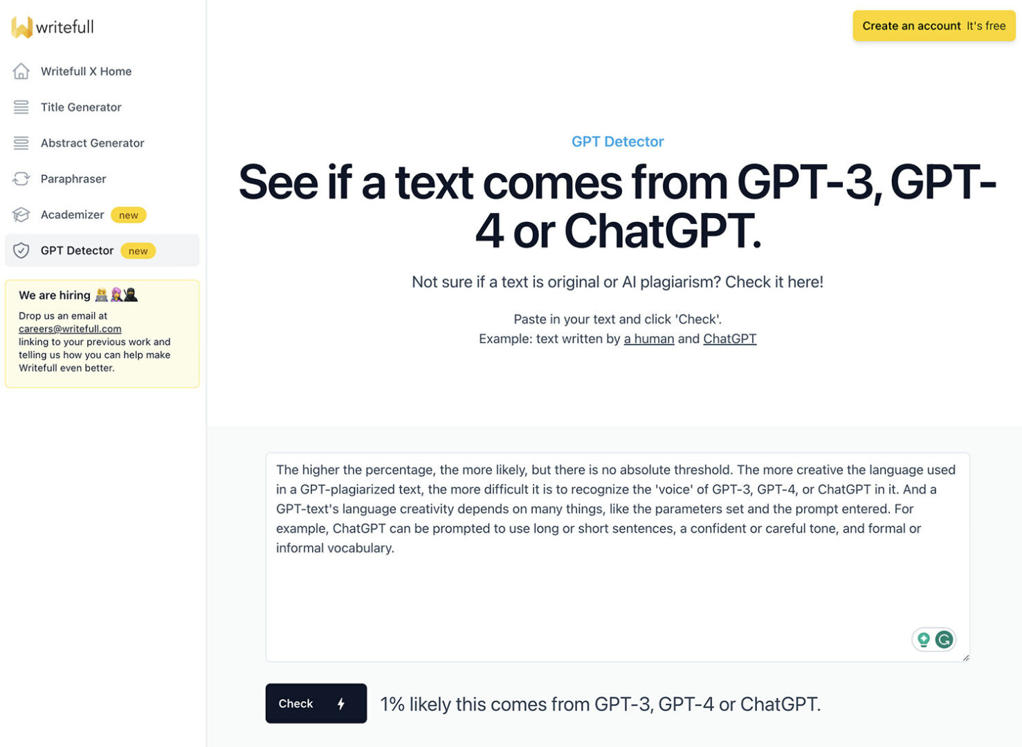 GPT Detector by Writefull