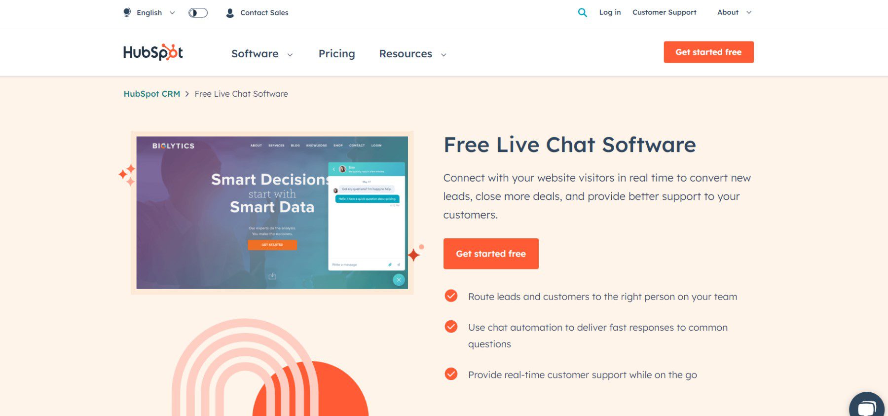 Hubspot Live Chat software - Homepage April 2023