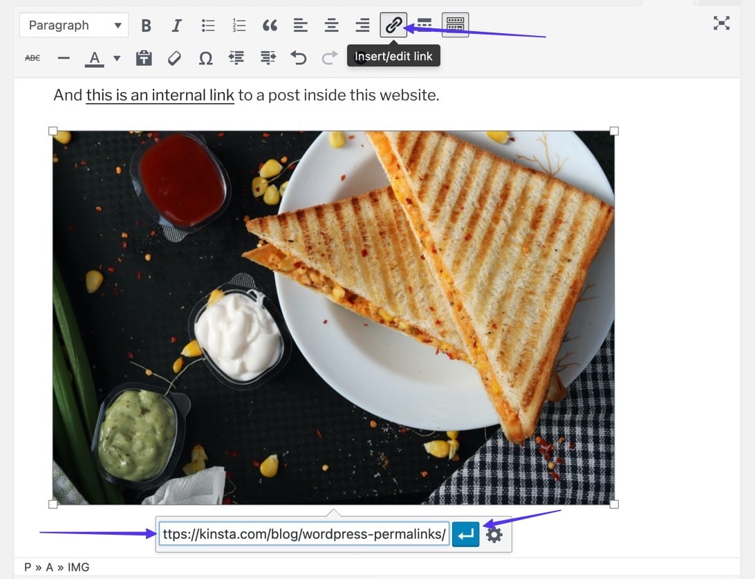 WordPress post editor with an image, clicking the insert edit link button and