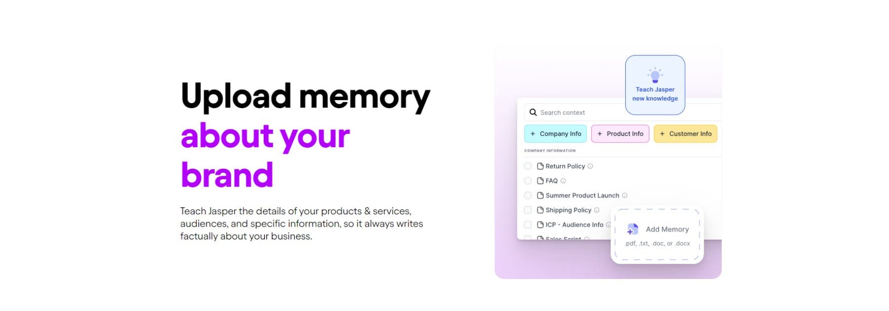 Teach Jasper company and product memory