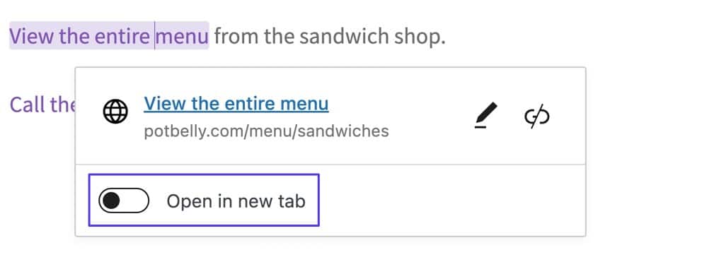 the tab is switched off for a link
