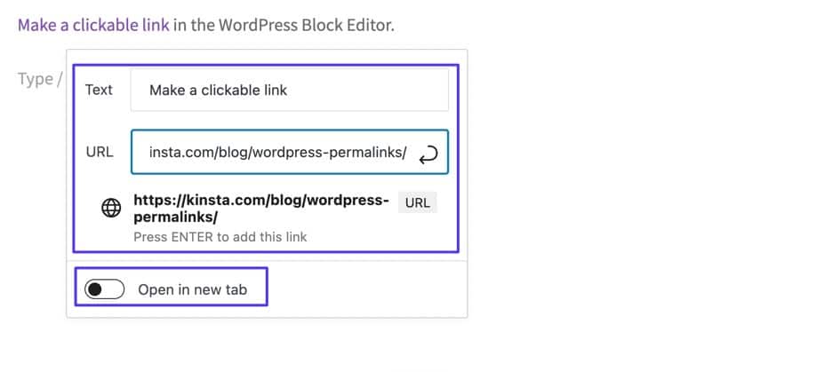 the new popup page has fields for text, URL, and to open in new tab