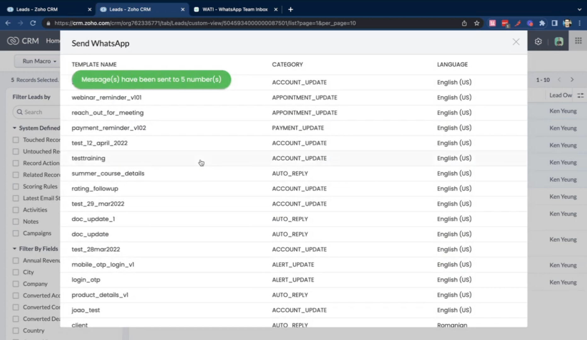 Zoho CRM WhatsApp integration