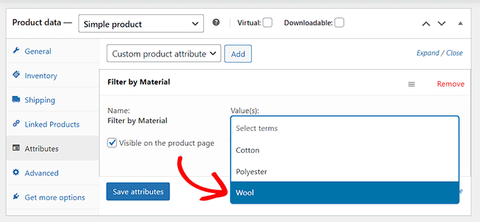 Add an attribute term for the product