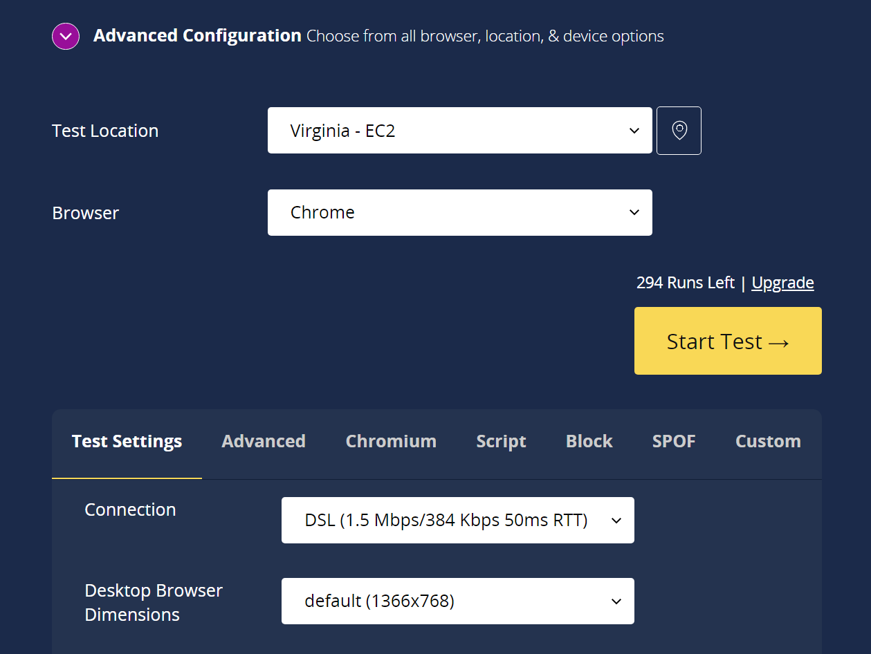 Configuring the settings on WebPageTest