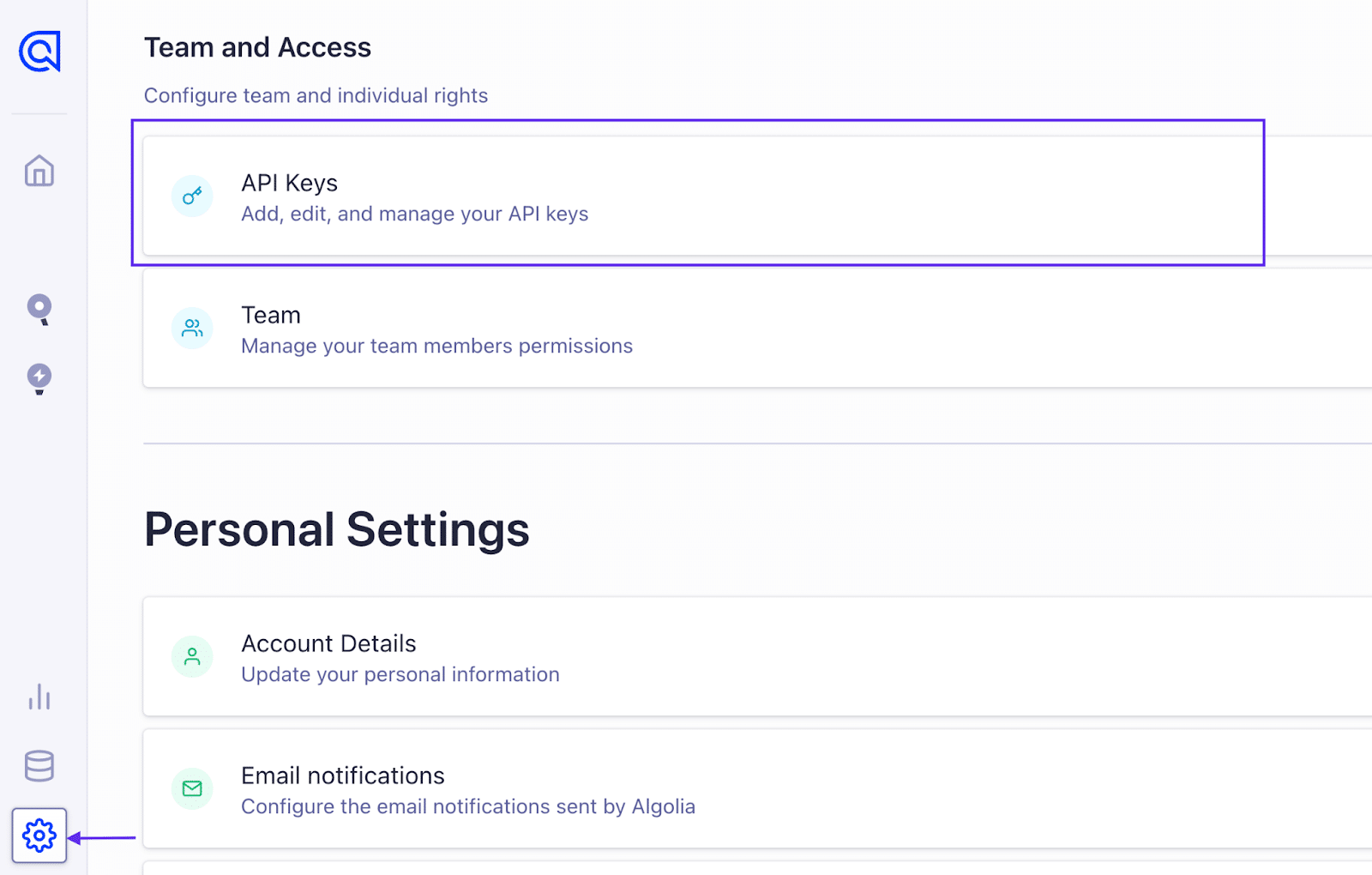 Navigating to the API Keys page on Algolia Cloud