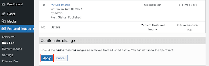 Applying the bulk edit to your featured image in WordPress