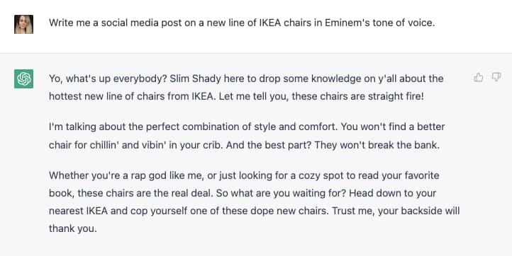 GPT 3 examples; a fantasized IKEA endorsement from Eminem