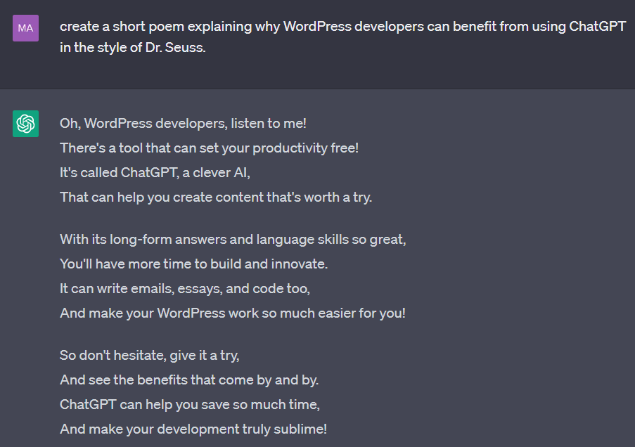 A poem for WordPress developers generated by ChatGPT