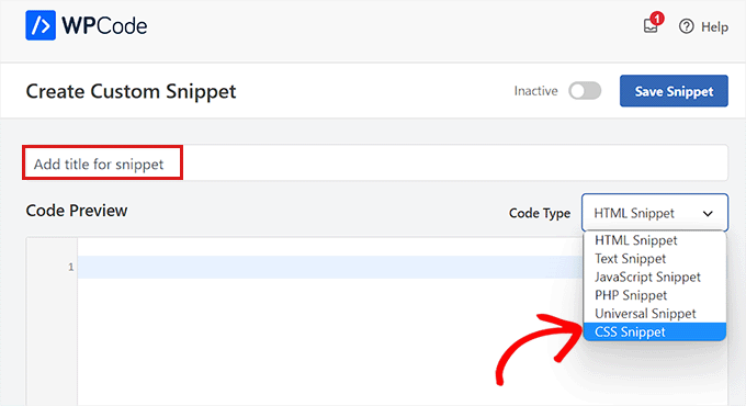 Choose CSS Snippet as the code type