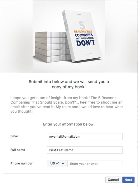 example of a facebook lead ad information submission form