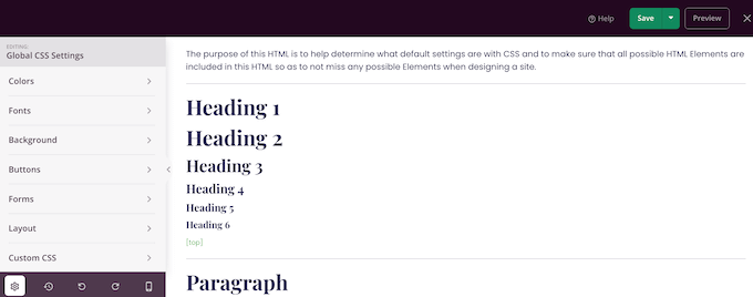 Changing a template kit's global CSS settings
