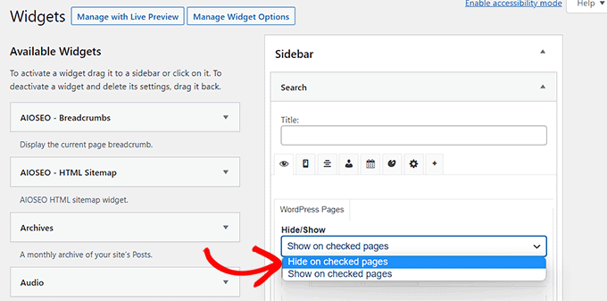Choose if you want to show or hide widget on the checked pages from the dropdown menu
