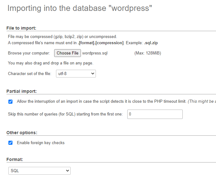 Importing WordPress database