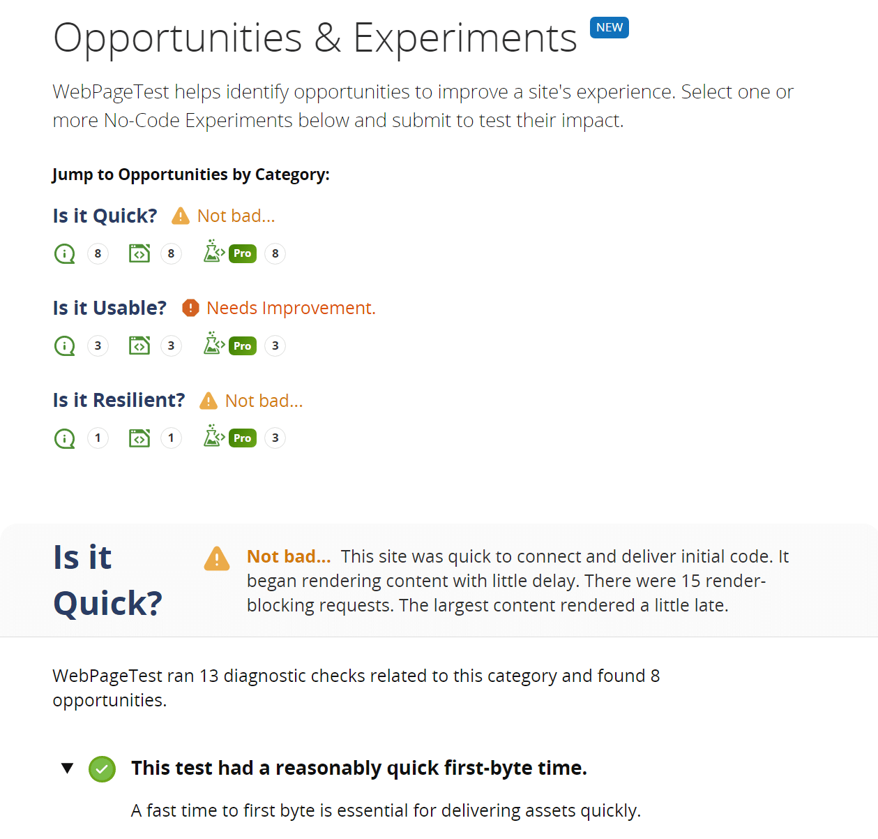 Opportunities and Experiments section on WebPageTest
