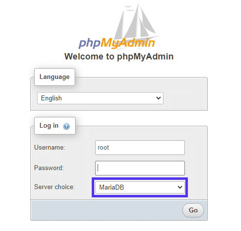 phpMyAdmin log-in page for MariaDB server