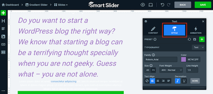 Changing the text style in a slideshow