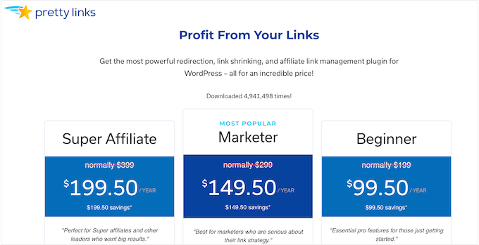 The Pretty Links pricing page