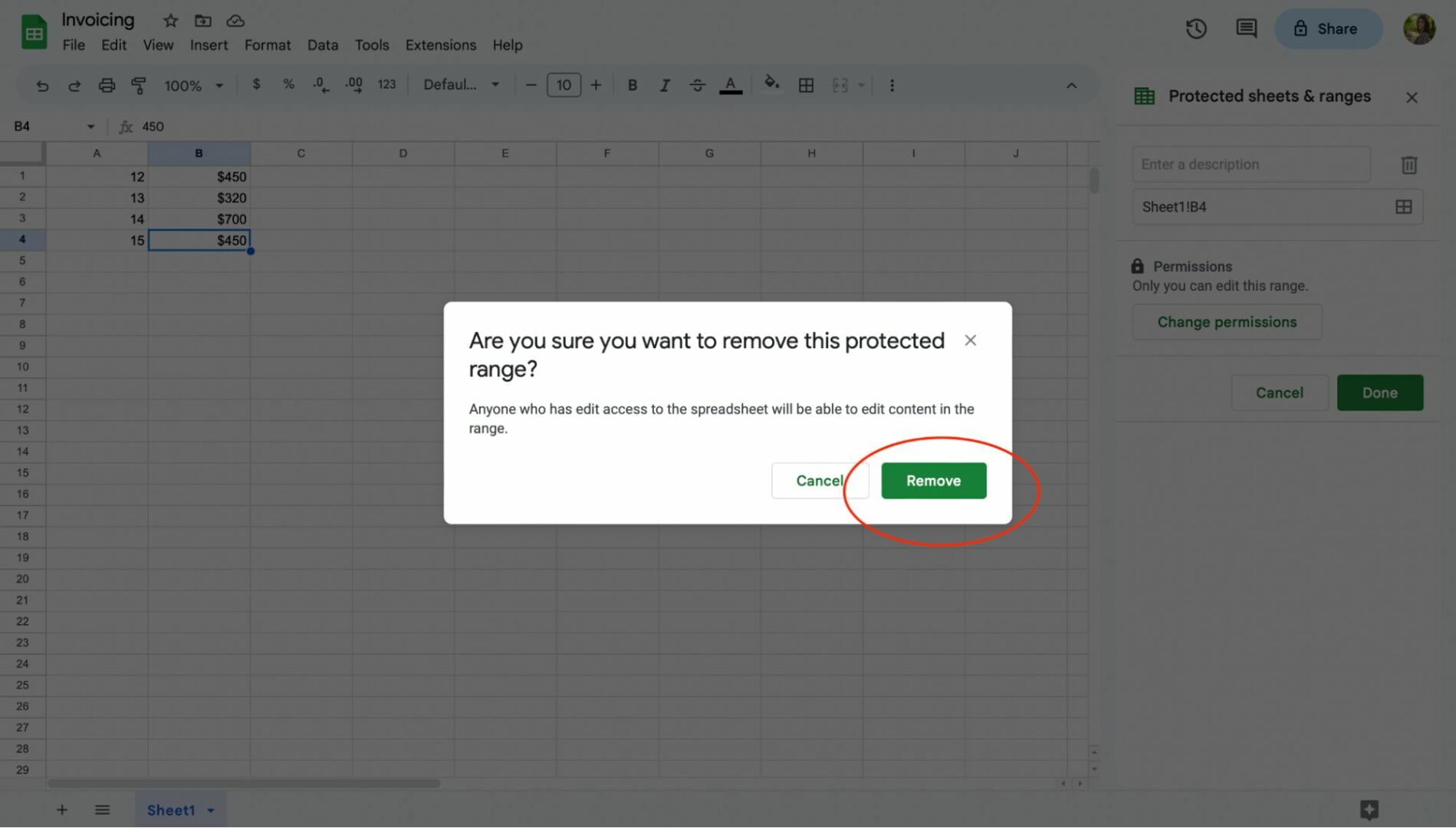Google sheets protected cells, how to unlock cells step 6: select “remove.”