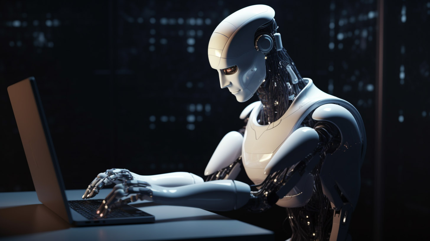 robot typing on laptop