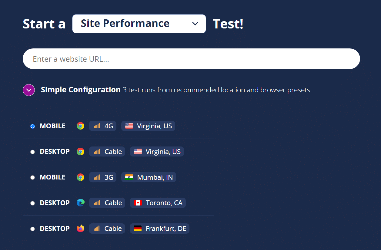 Starting a test on WebPageTest