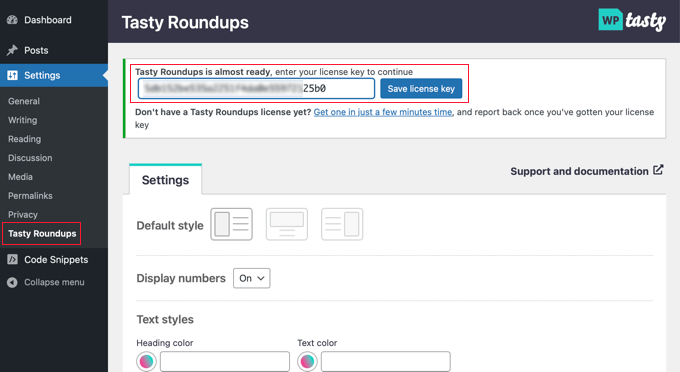 Paste the WP Tasty Roundups License Key